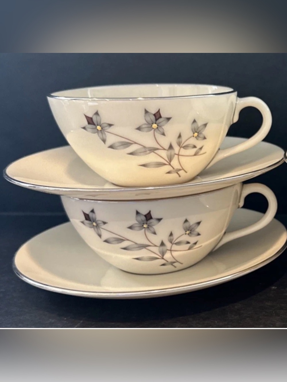 2 Lenox Princess Flat Cup Saucer Sets 3-Stripe Handle Platinum Trim Thanksgiving